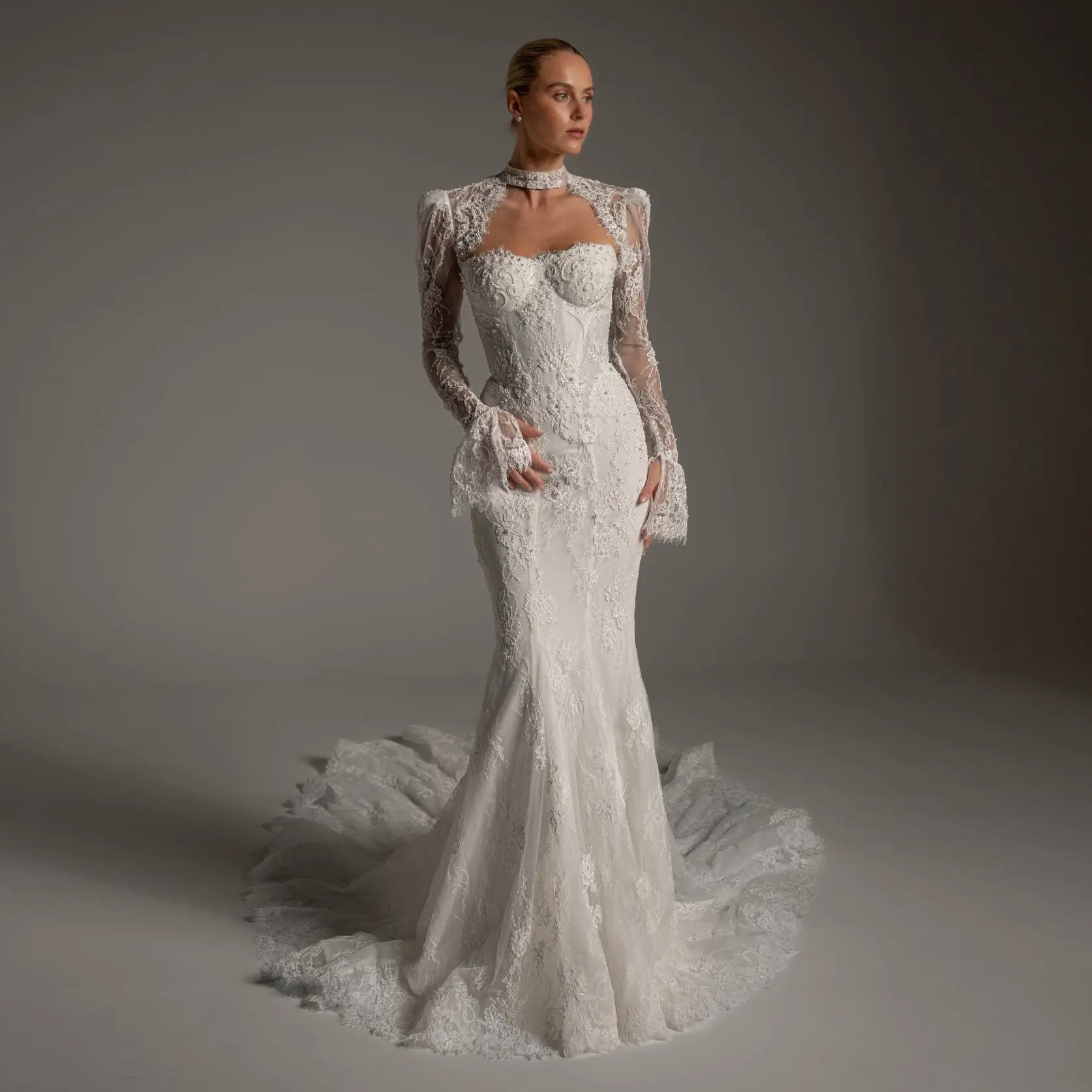 Luxury Ivory Lace Long Sleeve Mermaid Train Wedding Dress ZP142