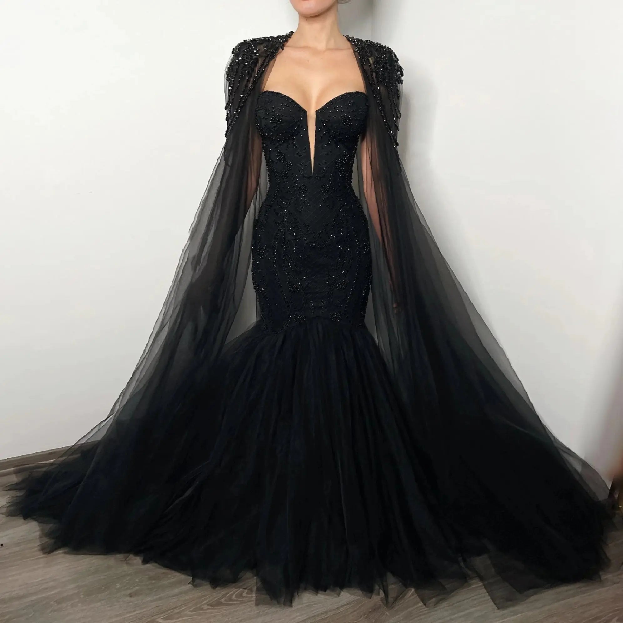 Black Luxury Gothic Wedding Dress Mermaid Beaded Lace Tassel Cape  ZP196