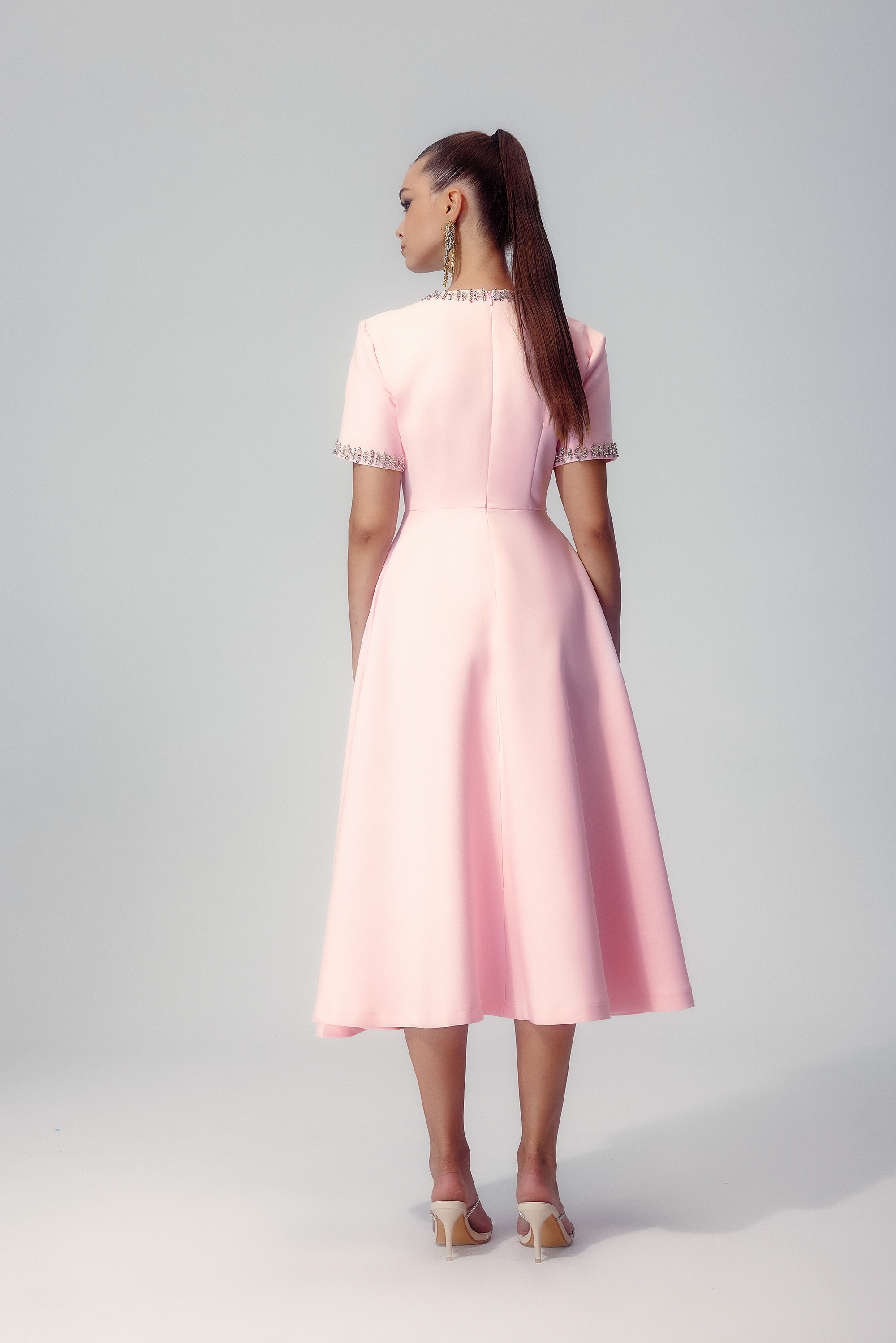 Mercedes Minimalist Midi Dress with Bow and Crystal Embellishment Chic Silhouette Collection