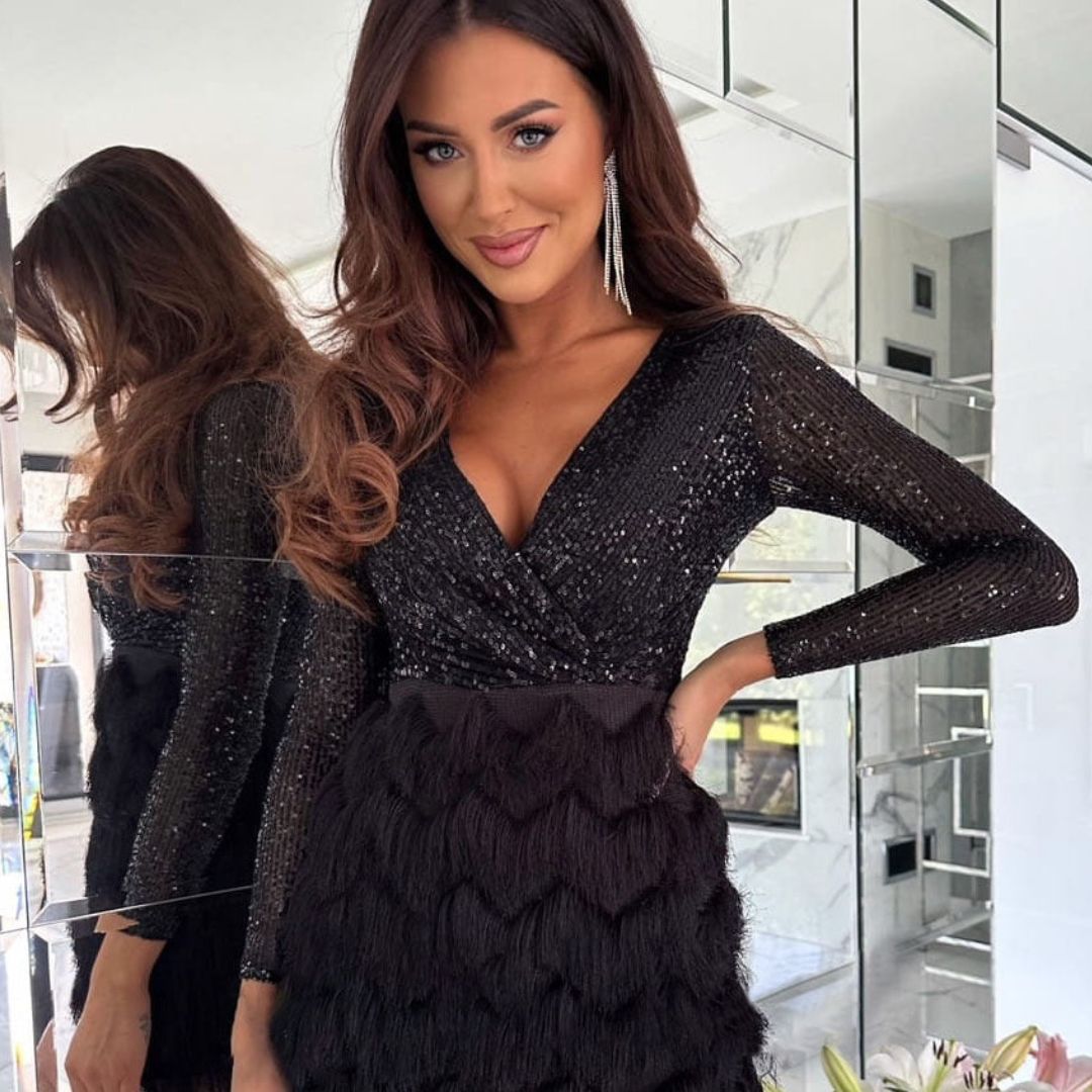 Amalberga Aesthetic Heidi Mode Sequin Dress with V Neck Statement Occasion Edit