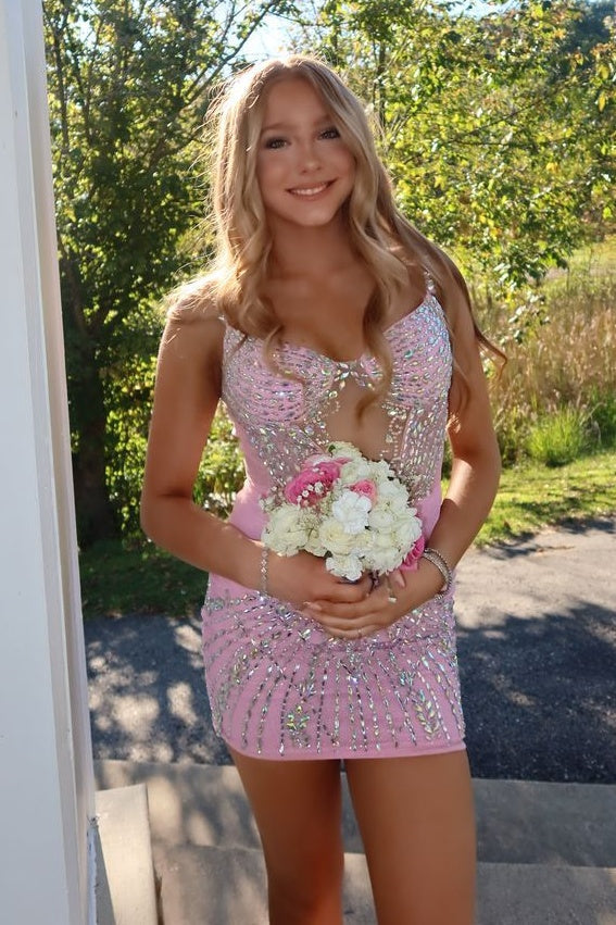Shine Bodycon Spaghetti Straps Pink Short Homecoming Dress with Beading