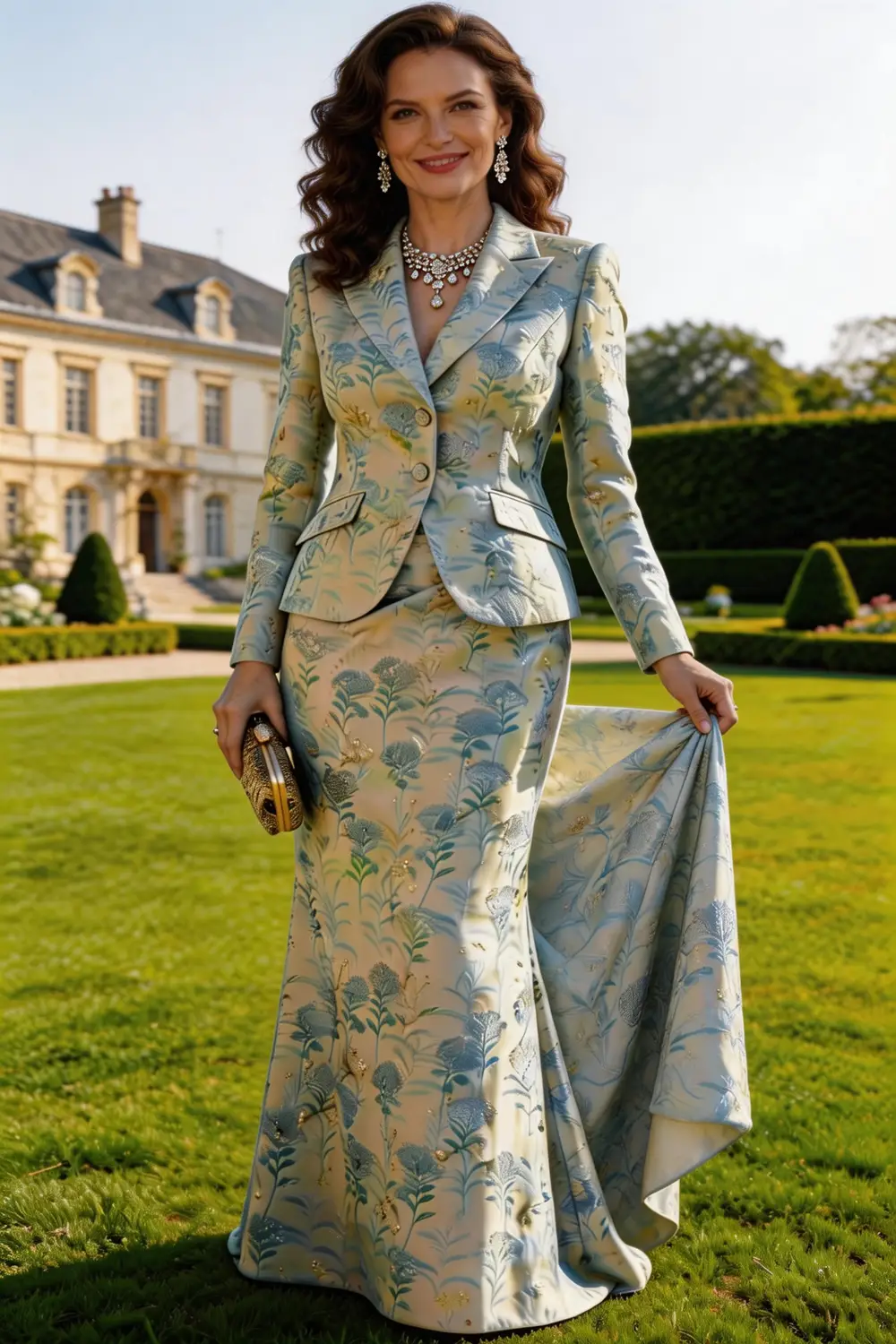 Elegant Blue Floral Jacquard Skirt Suit for Mother of the Bride by tangjianjun
