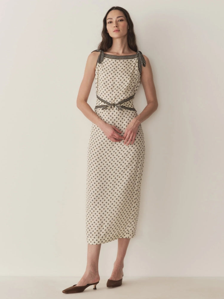 Cream Geometric Print Tie-Strap Midi Dress