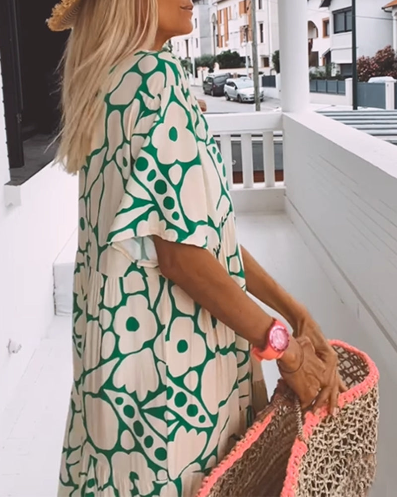 Yoselin Boutique Loose Fitting V Neck Dress with Print Chic Silhouette Collection