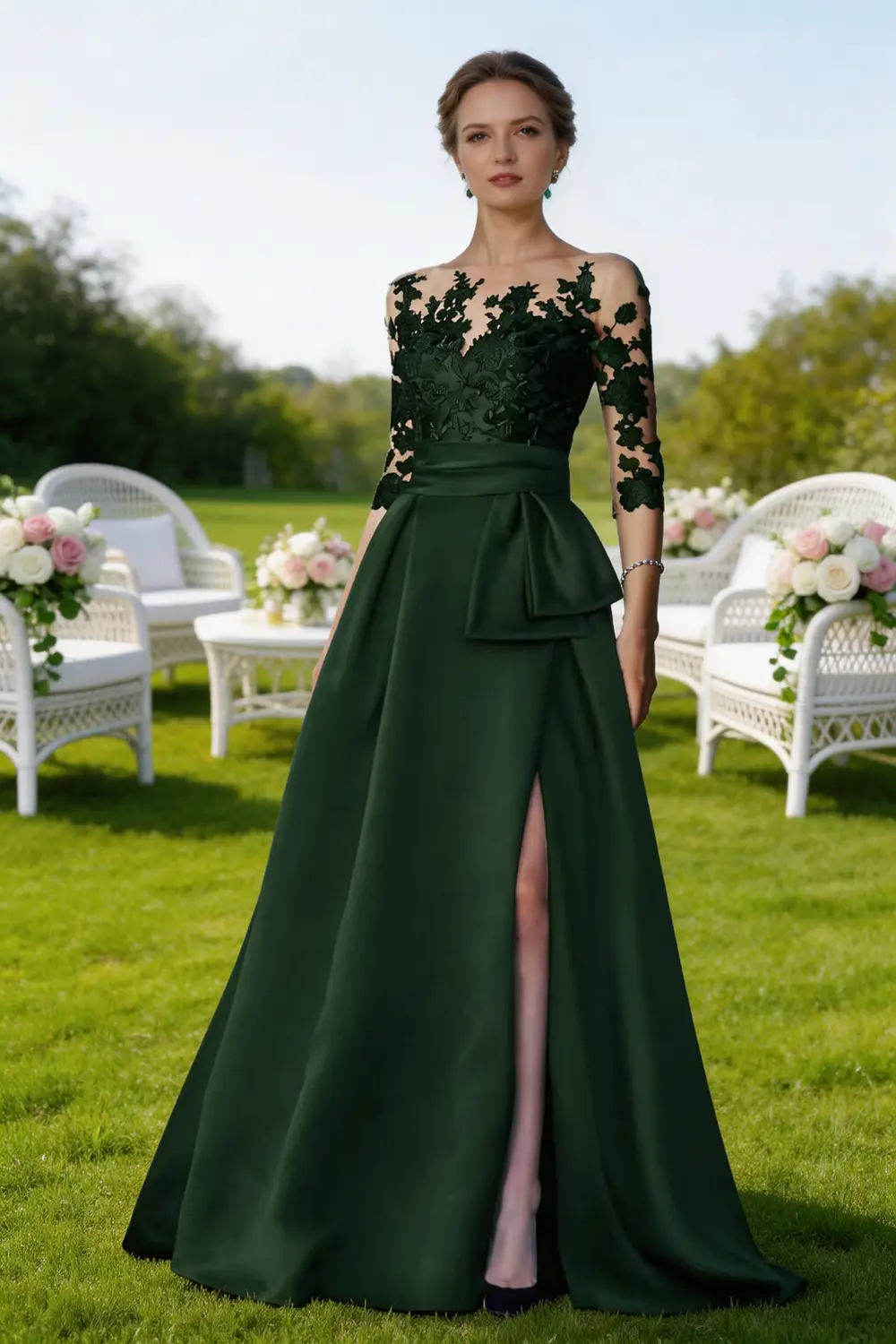 Elegant Dark Green Lace Satin A-Line Mother of the Bride Dress with Slit by tangjianjun