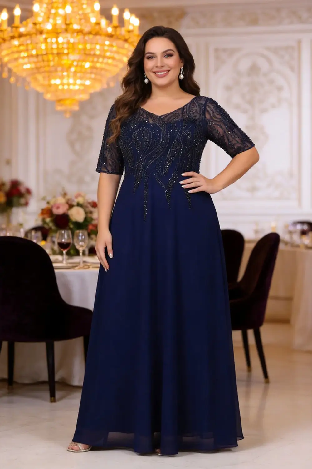 Plus Size Navy Blue Beaded Chiffon Formal Gown, Mother of the Bride Dress by tangjianjun