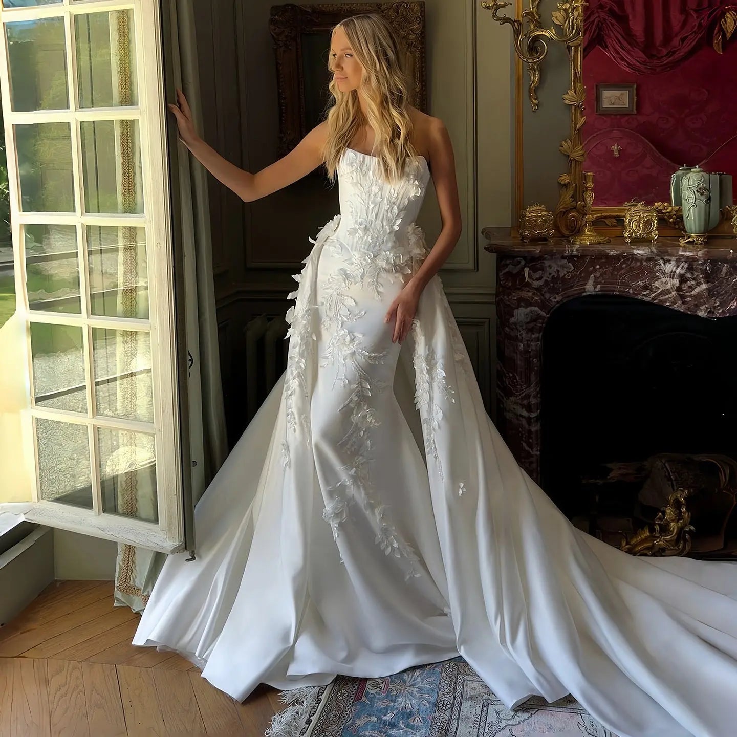 Romantic White Strapless 3D Floral Lace Mermaid Wedding Dress with Overskirt ZP090