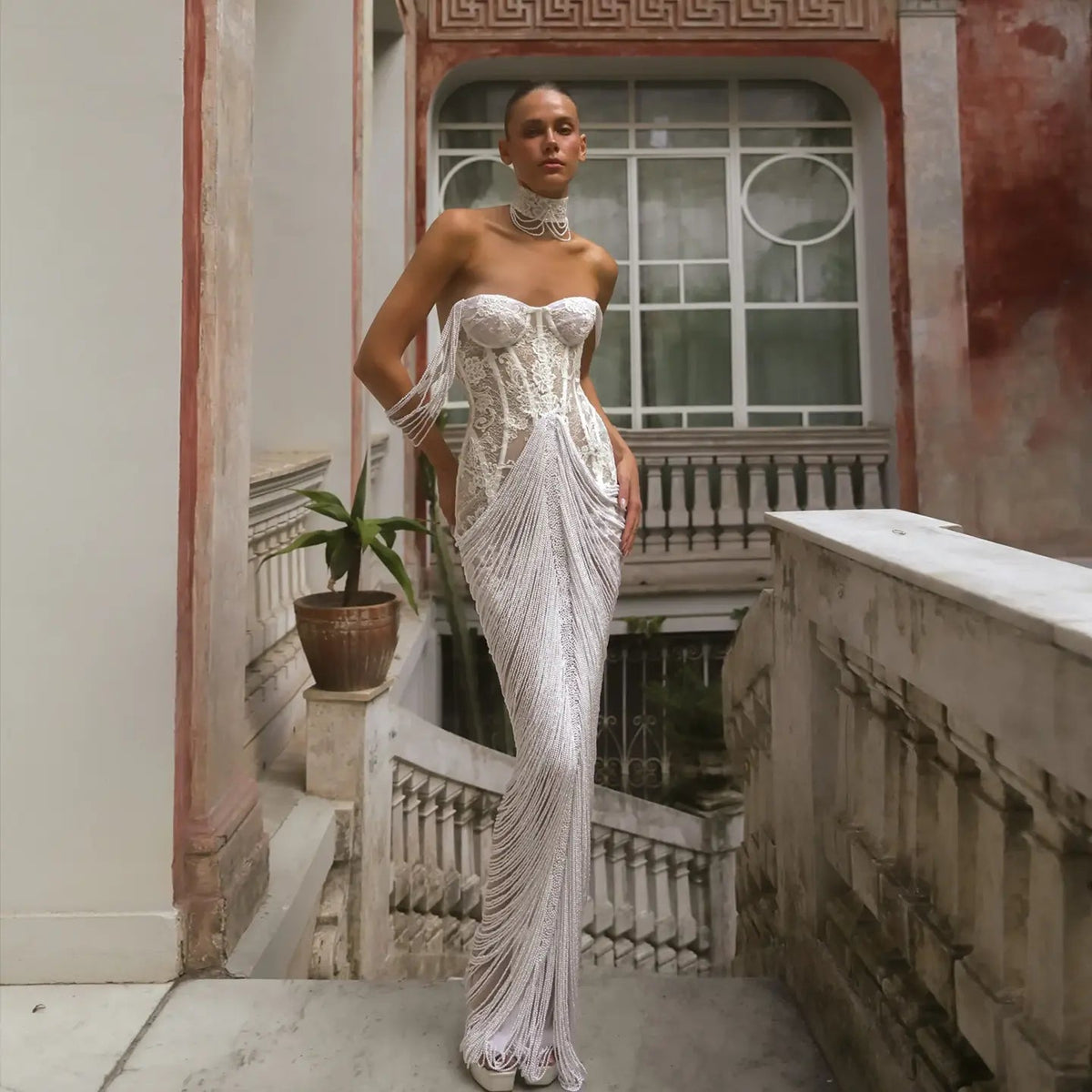 Elegant Ivory Sheer Lace Sweetheart Neck Fringe Mermaid Wedding Dress with Choker ZP125