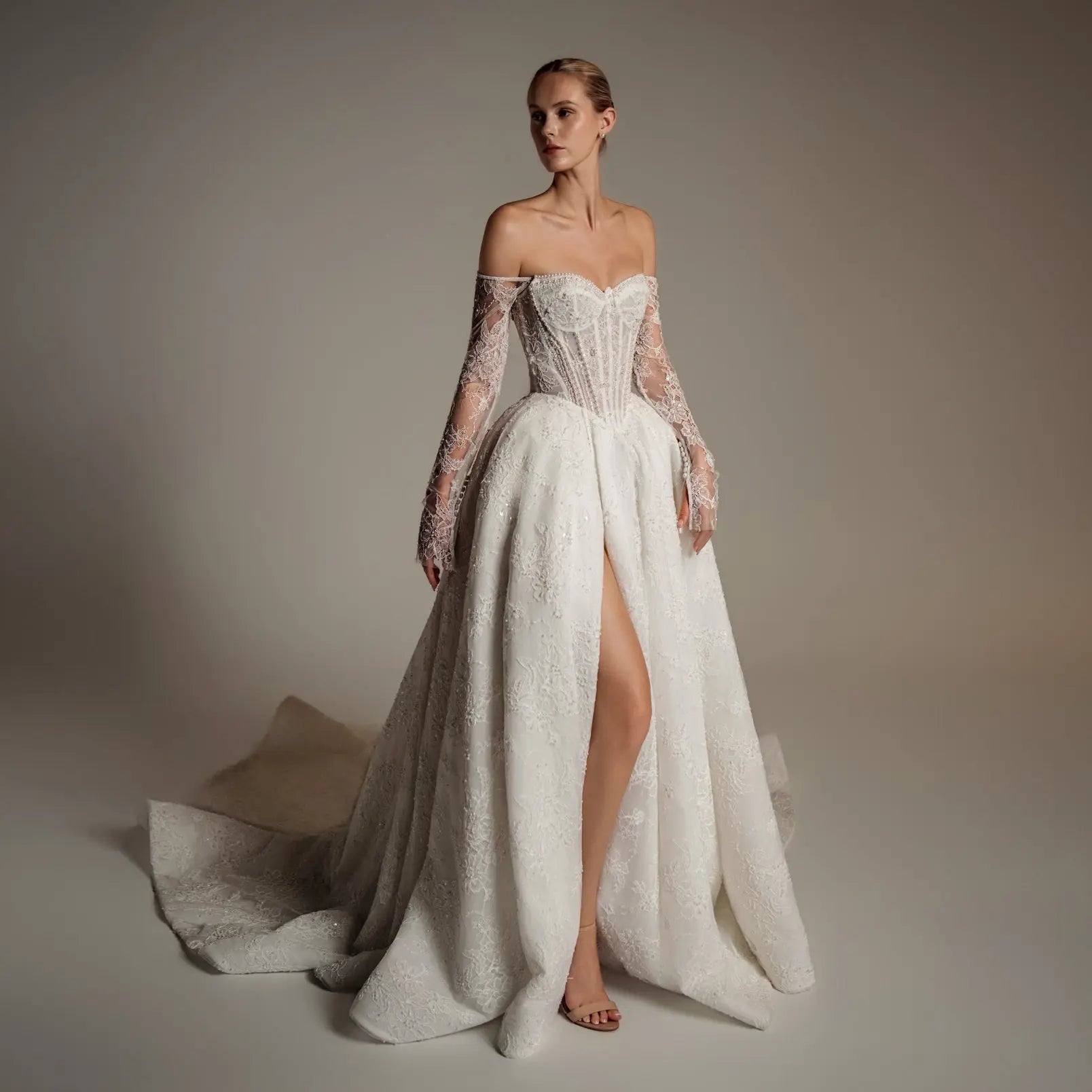 Luxury Ivory Strapless Lace High-Slit A-Line Wedding Dress ZP141