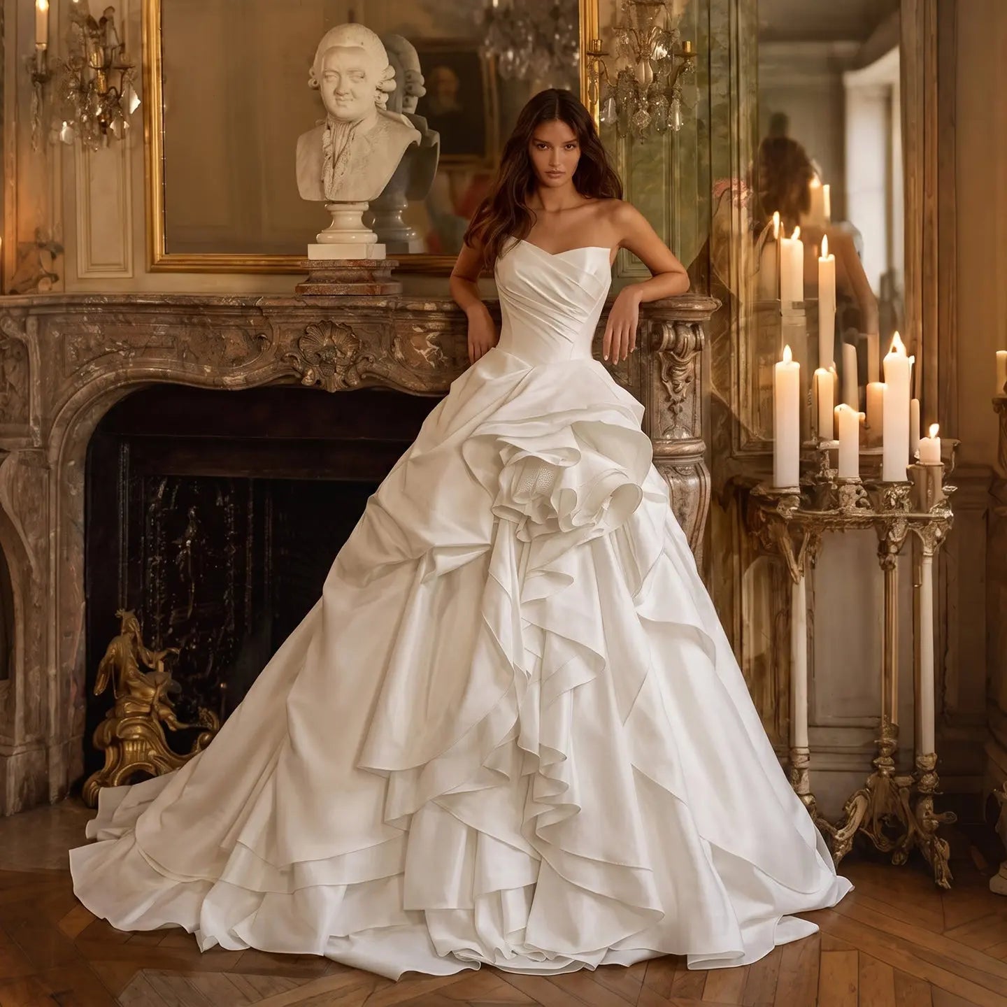 White Ruched Bodice Tiered Voluminous Satin Bridal Gown ZP210