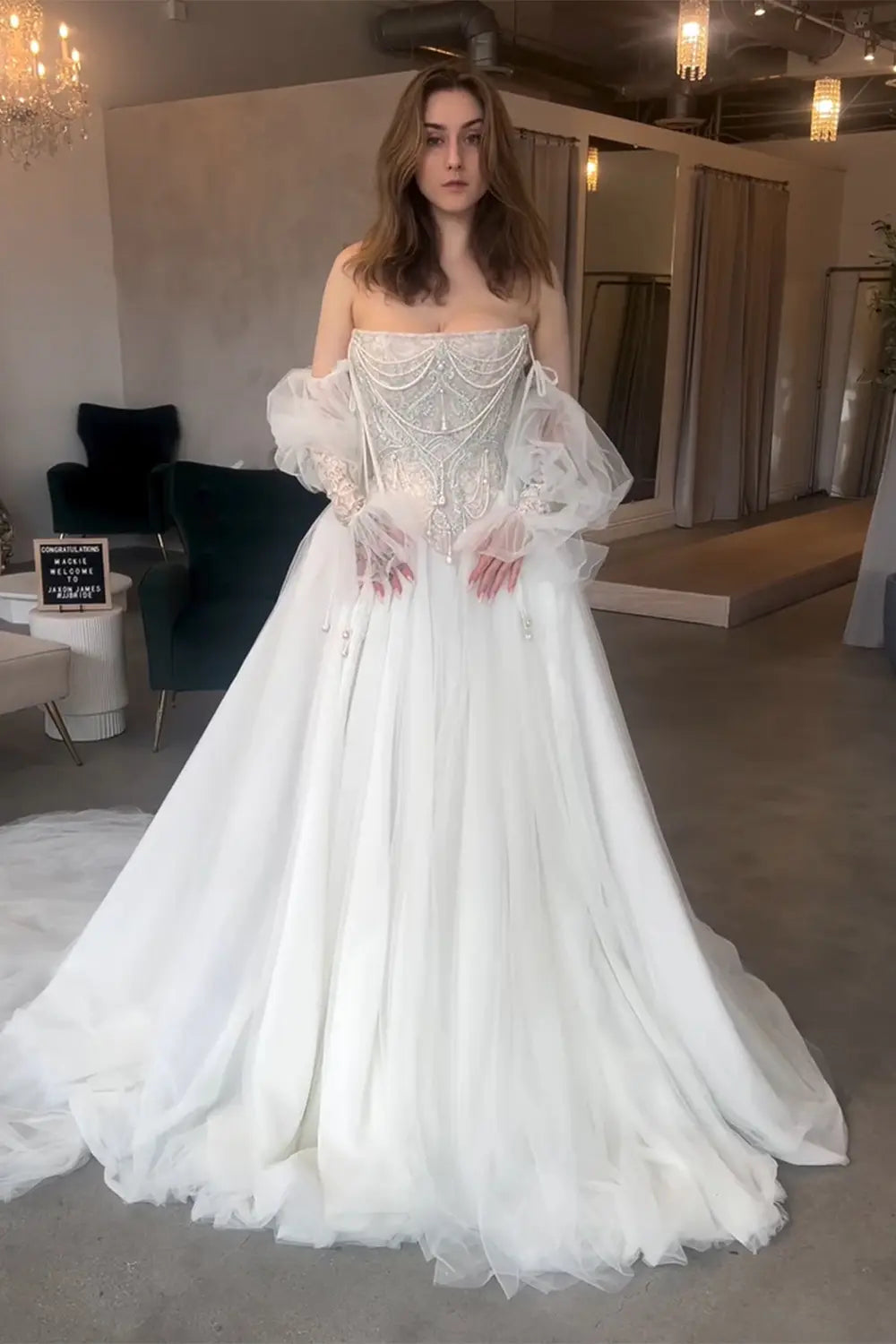 White Draped Pearl Tulle Ball Gown Bridal Dress with Puff Sleeves ZP205