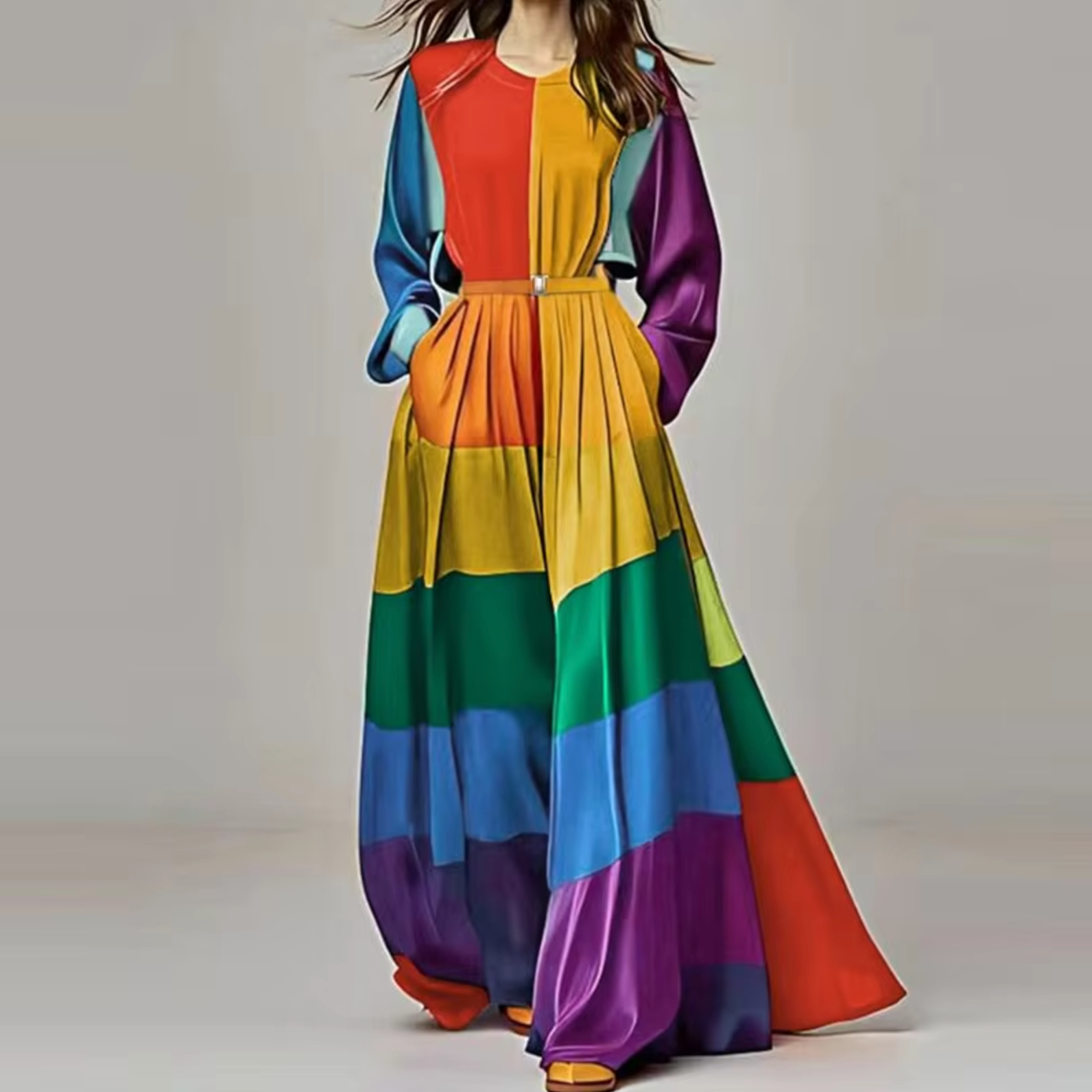 Patrizia Premium Long Sleeved Rainbow Colored Maxi Dress Everyday Luxe Edit