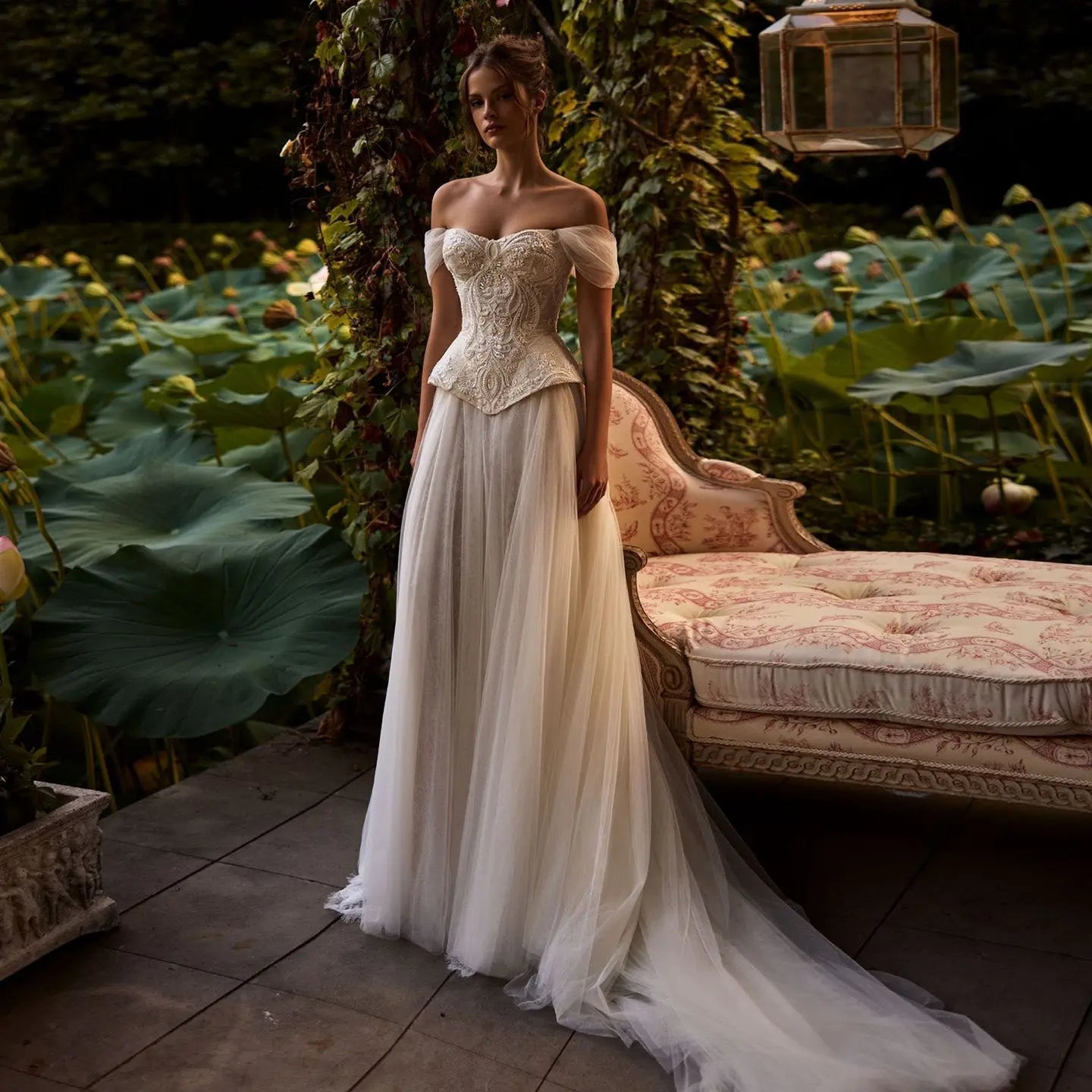 Luxury Ivory Off-the-Shoulder Lace Corset Tulle Train Wedding Dress ZP135