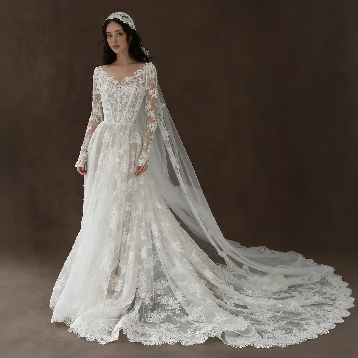 Whimsical Ivory Lace V-Neck Long Sleeve Wedding Dress with Veil ZP106