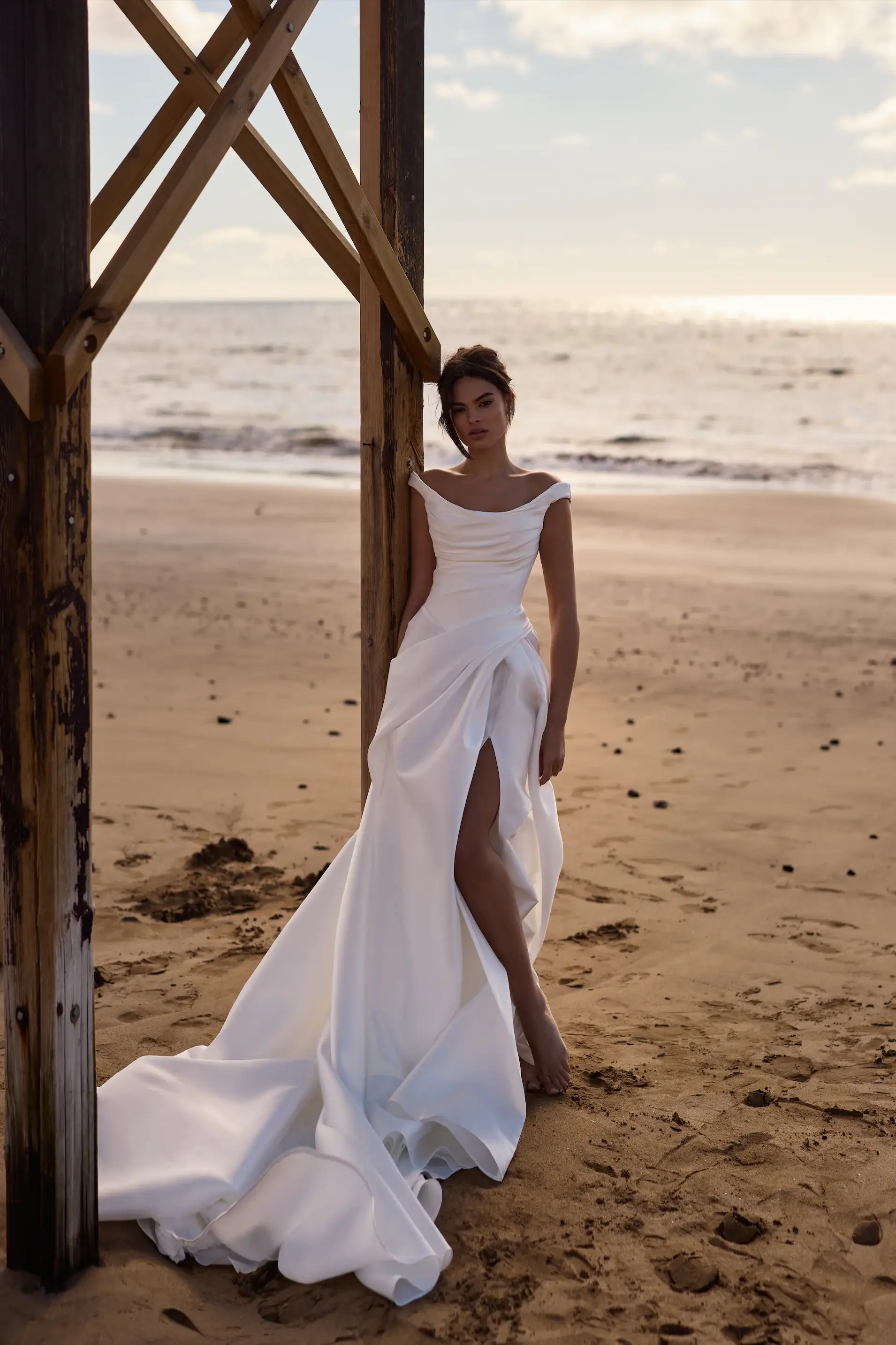 Odelle Off‑Shoulder Satin Wedding Gown — Draped Bodice, High Slit & Sweep Train (ZD15424)