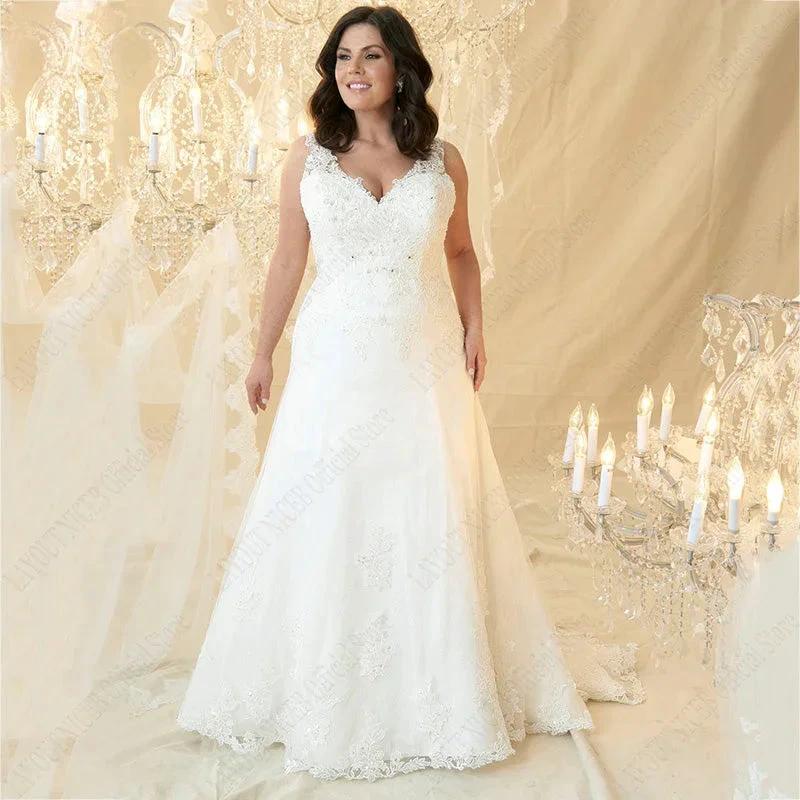 Plus Size Wedding Dresses V-Neck Sleeveless Appliques Beads vestido noiva boho Lace Up Back Sweep Train Custom Made (ZD13438)