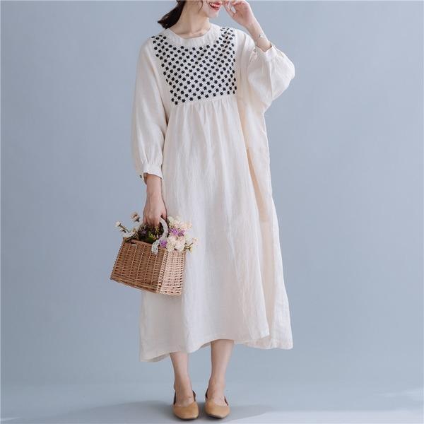 long sleeve cotton linen vintage print plus size women casual loose spring autumn dress