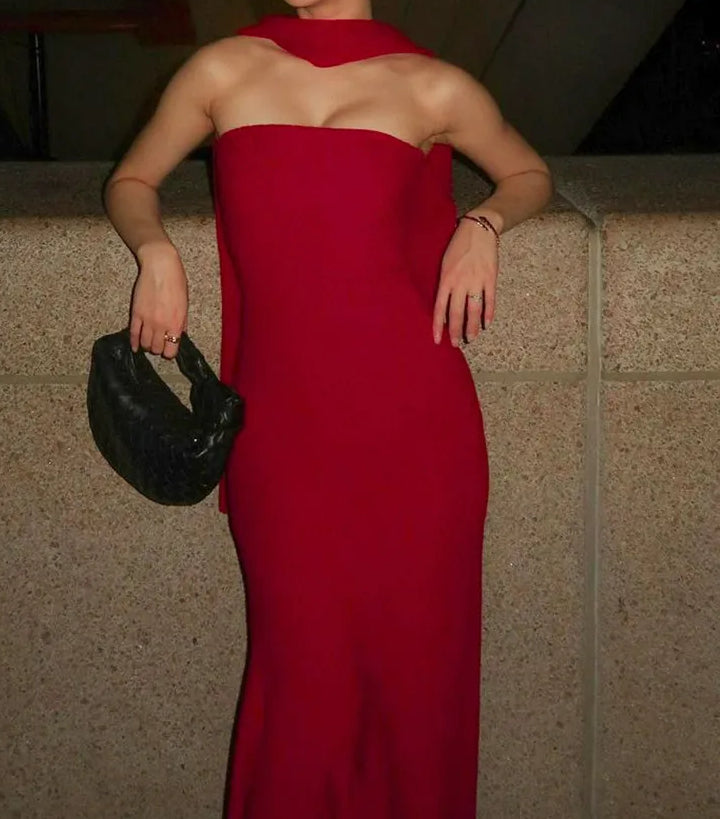 Scarf Strapless Pleated Maxi Dress - View 2 | VelvetHem