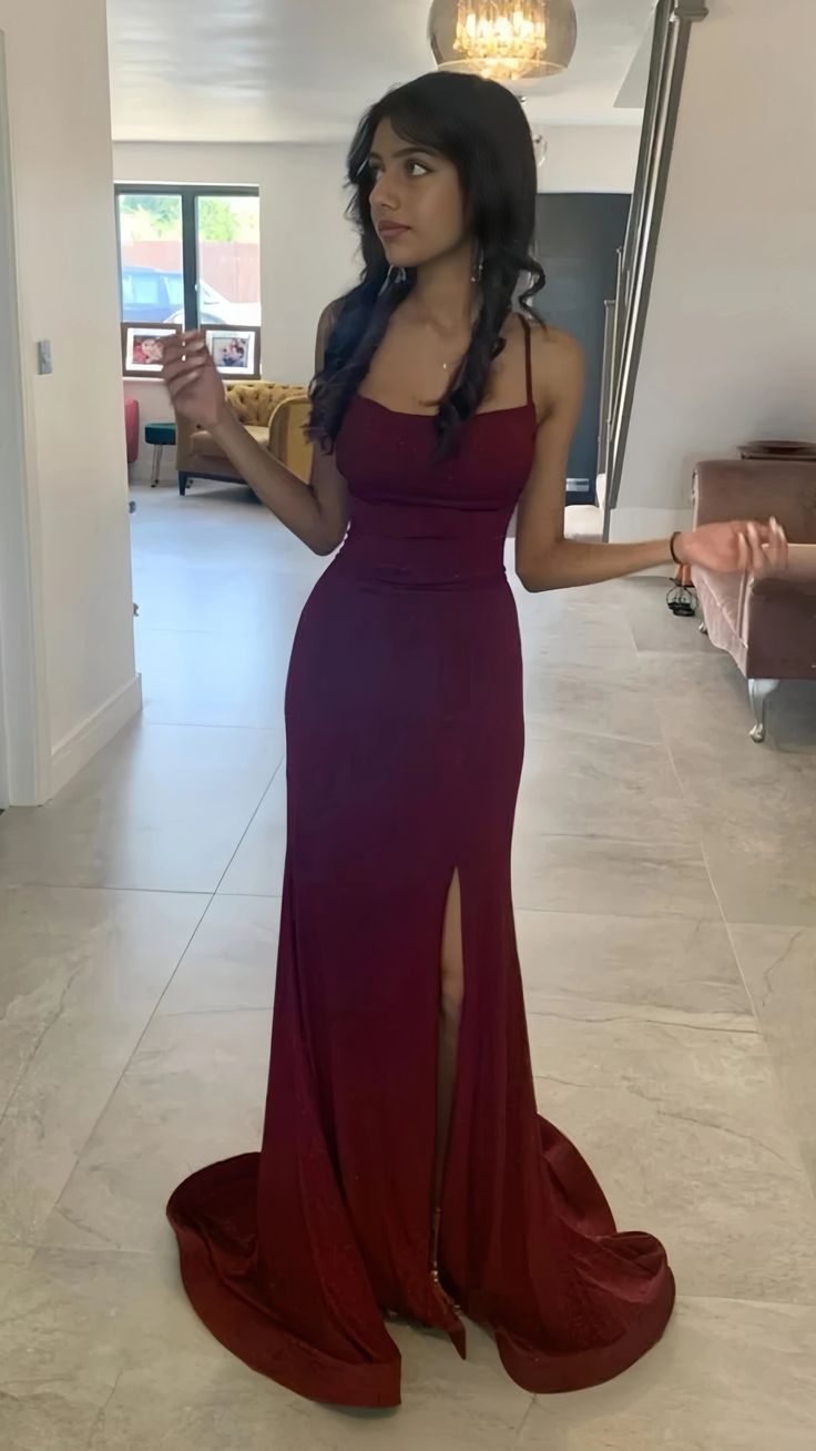 Sexy Mermaid Spaghetti Straps Burgundy Long Evening Dress Satin Prom Dresses