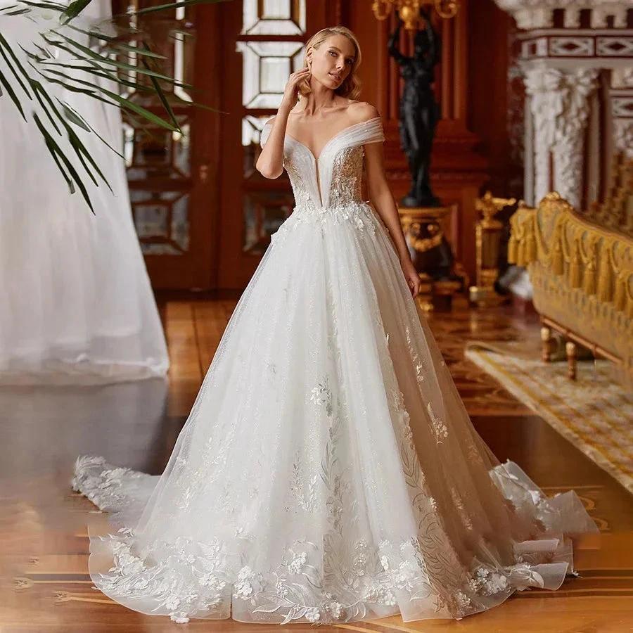 V-neck Sexy Romantic Wedding Dress 2023 A-line Floor-length Charming Off The Shoulder Beaded Appliques Bridal (ZD13358) - VelvetHem