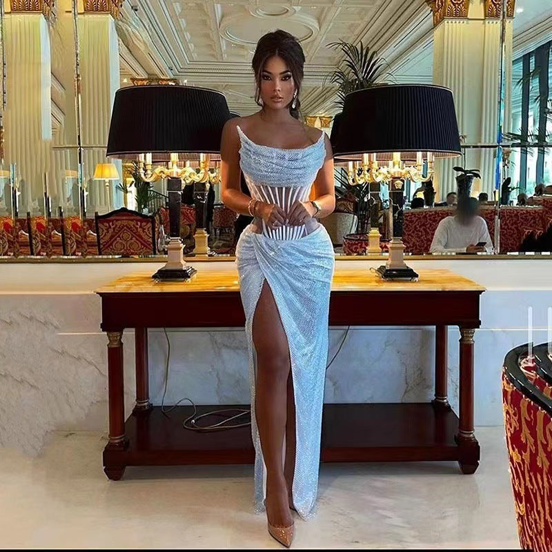 Elegant Crystal Beaded Backless Dress Party Prom Dress - VelvetHem