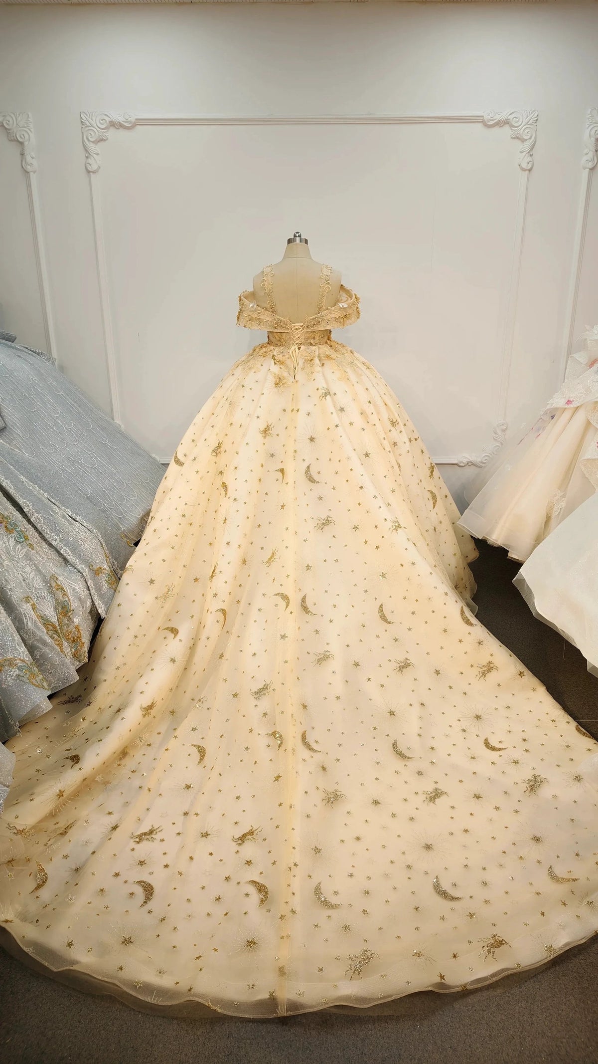 Celestial Off-the-Shoulder Ball Gown Wedding Dress with Star/Moon Embroidery & Beaded Floral Appliqués Ye-2040 (ZD16832)