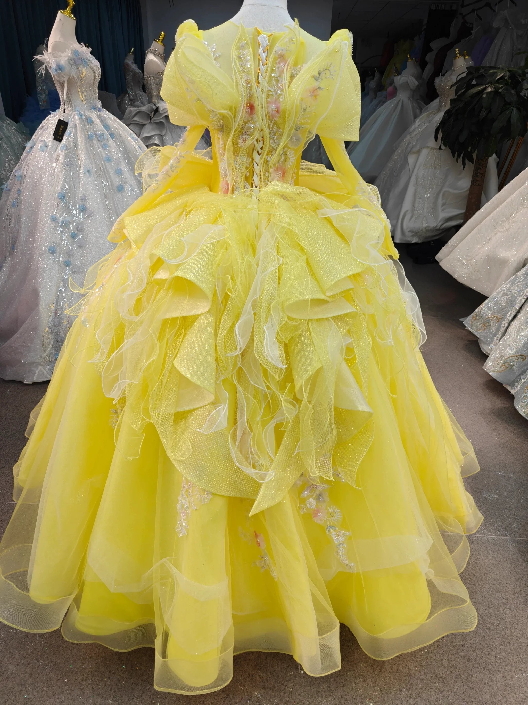 Vibrant Yellow High-Neck Ball Gown Wedding Dress with Ruffled Tulle, 3D Floral Embroidery & Corset Back Ye-2031 (ZD16812)