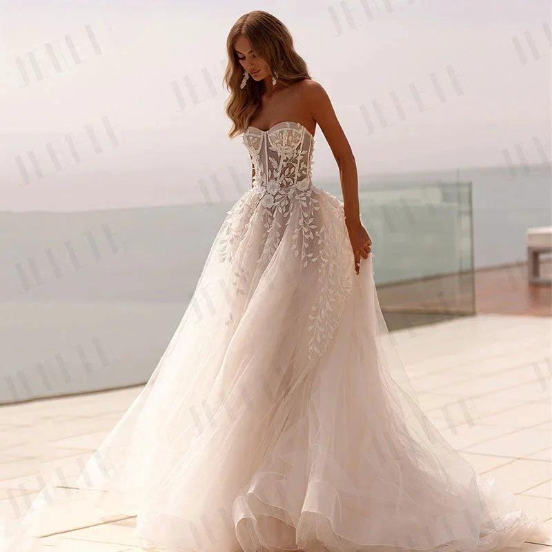 Fashion Strapless 3D Flower Lace Applique Wedding Dresses Sweep Train Custom Bridal Grown Vestido De Noival by payinti