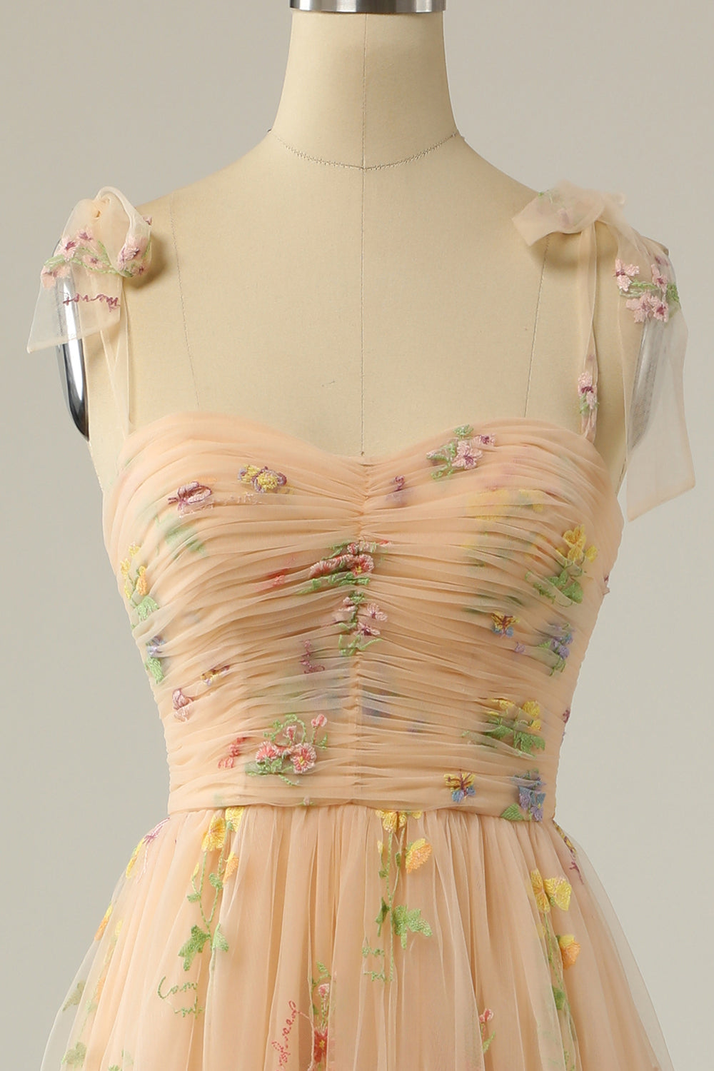 Elegant A Line Spaghetti Straps Champagne Long Prom Dress with Embroidery - View 4 | VelvetHem