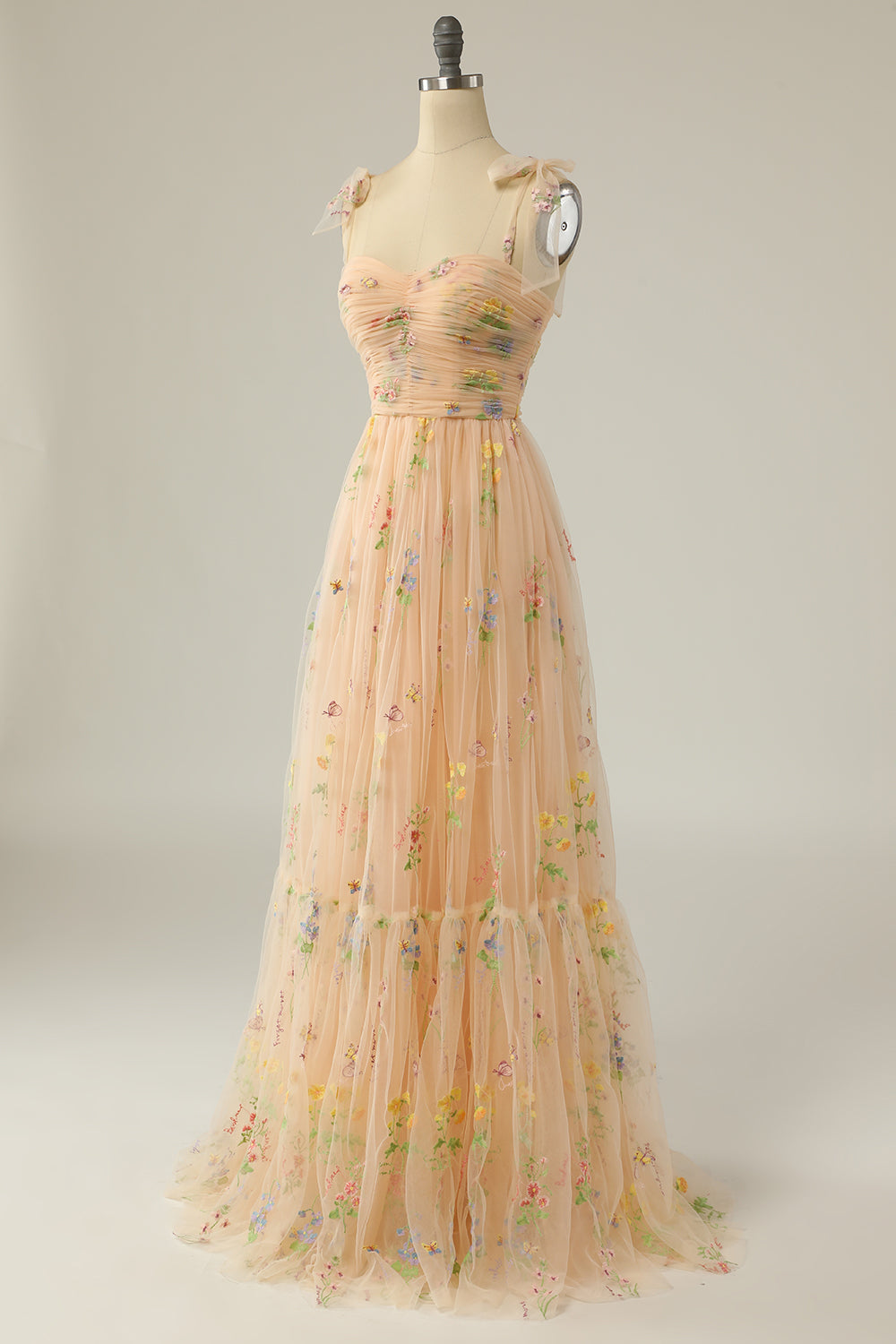 Elegant A Line Spaghetti Straps Champagne Long Prom Dress with Embroidery - View 3 | VelvetHem