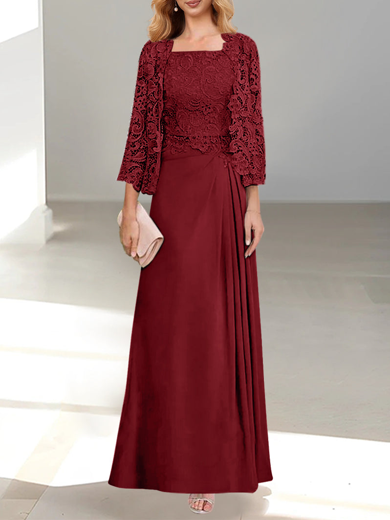 2 A Line Scoop Mother of the Bride Dress with Pleated & Lace Appliques Long