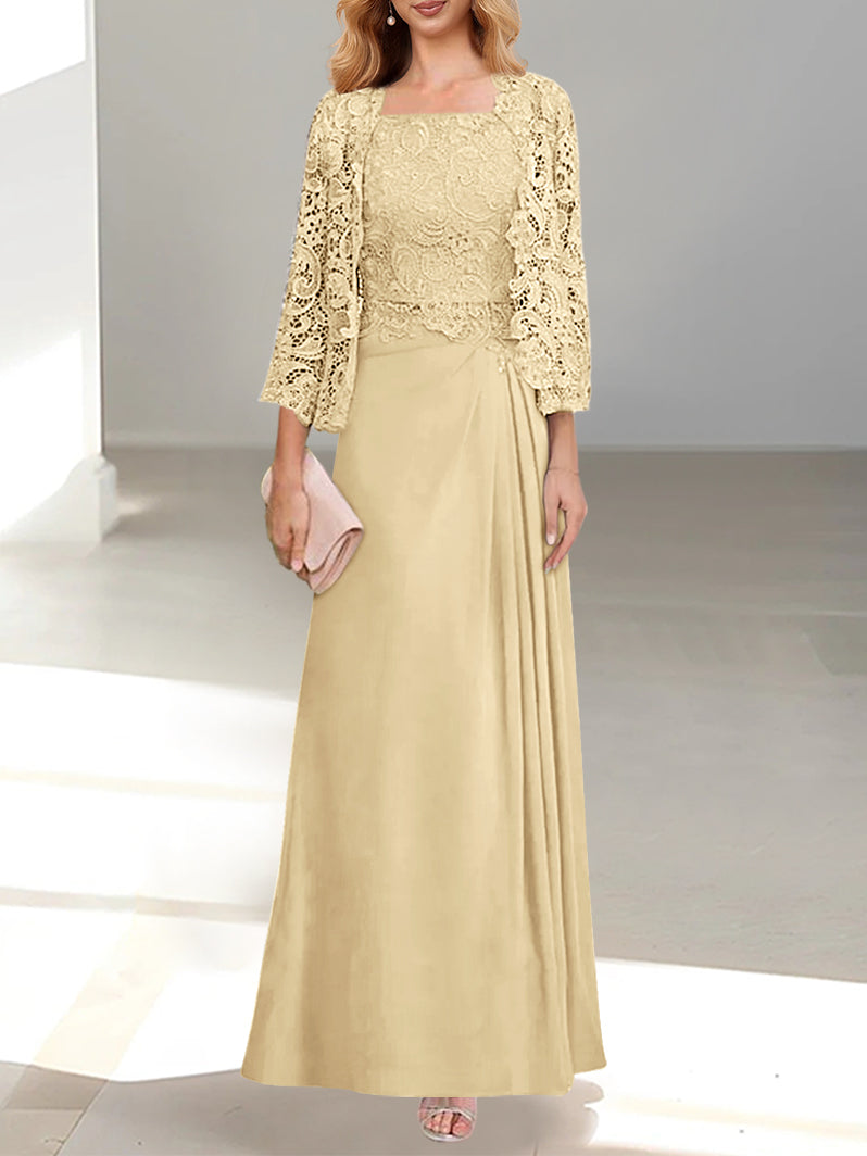 2 A Line Scoop Mother of the Bride Dress with Pleated & Lace Appliques Long