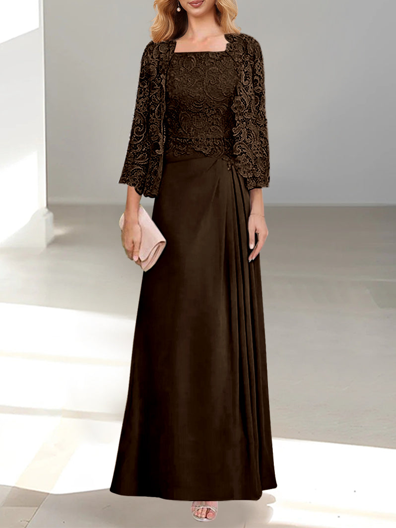2 A Line Scoop Mother of the Bride Dress with Pleated & Lace Appliques Long