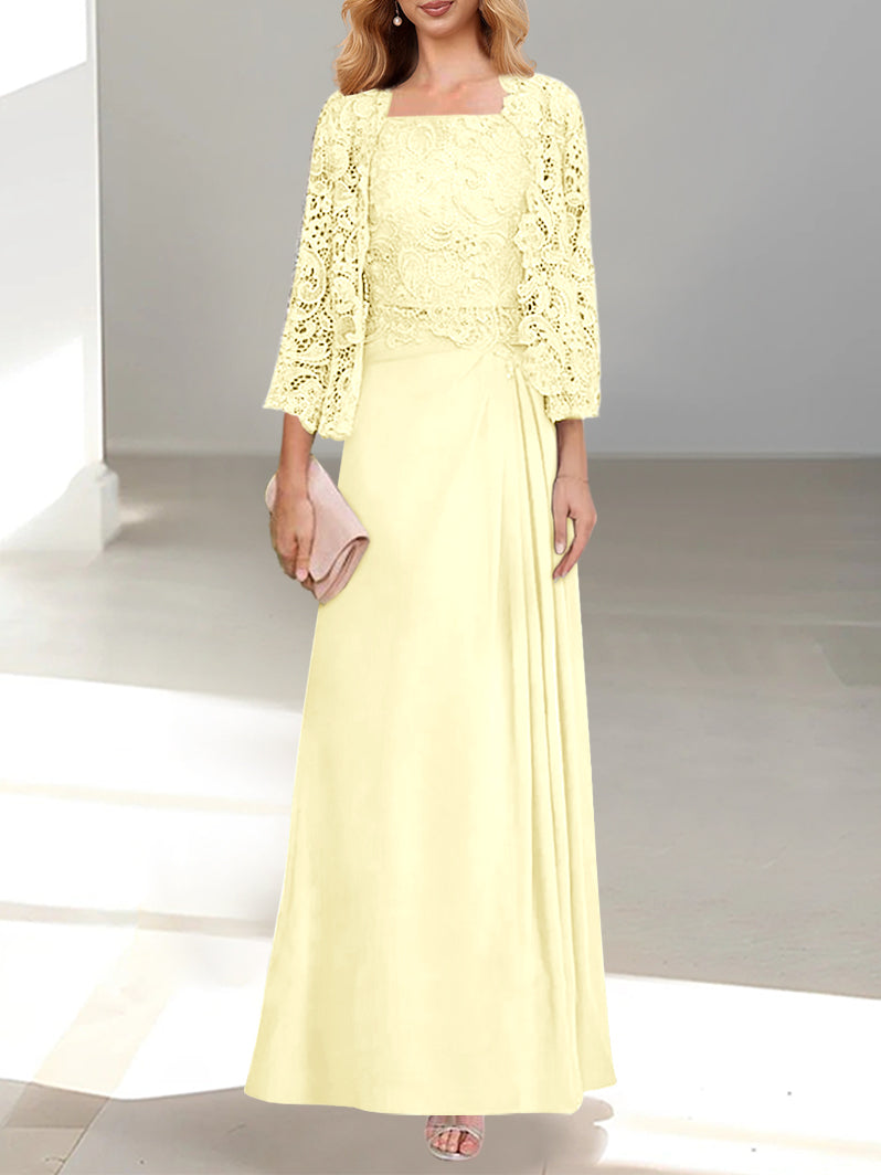 2 A Line Scoop Mother of the Bride Dress with Pleated & Lace Appliques Long