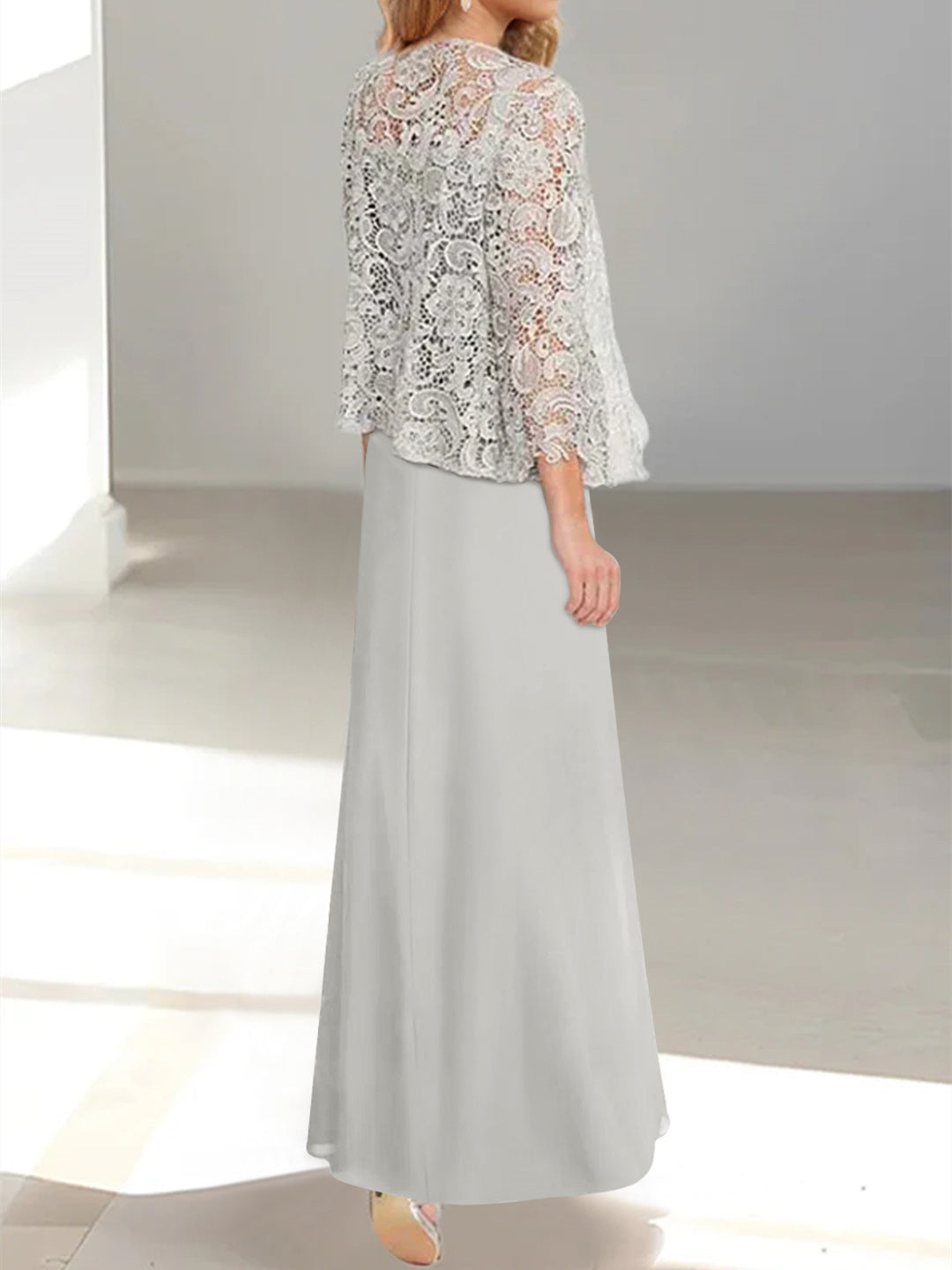 2 A Line Scoop Mother of the Bride Dress with Pleated & Lace Appliques Long