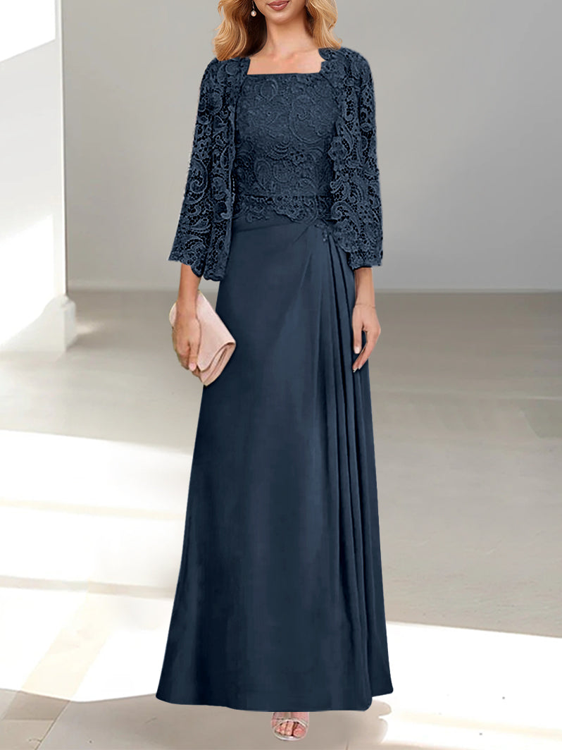 2 A Line Scoop Mother of the Bride Dress with Pleated & Lace Appliques Long