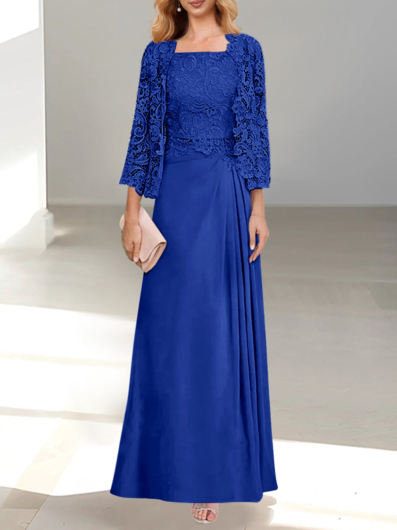 2 A Line Scoop Mother of the Bride Dress with Pleated & Lace Appliques Long