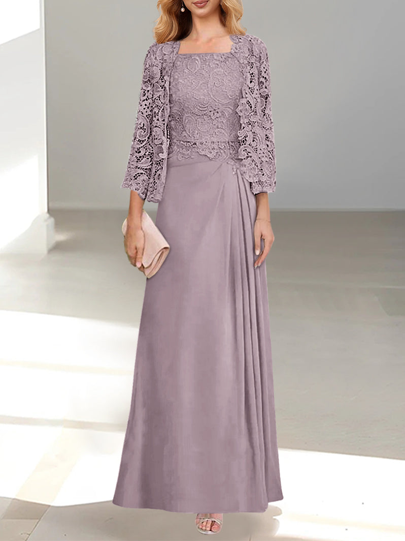 2 A Line Scoop Mother of the Bride Dress with Pleated & Lace Appliques Long