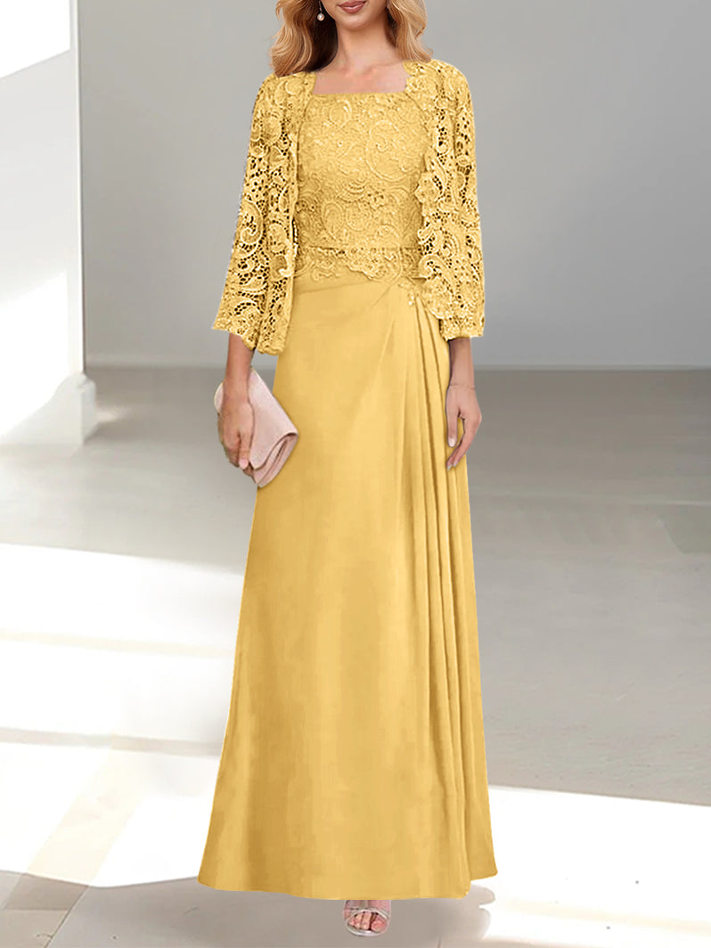 2 A Line Scoop Mother of the Bride Dress with Pleated & Lace Appliques Long