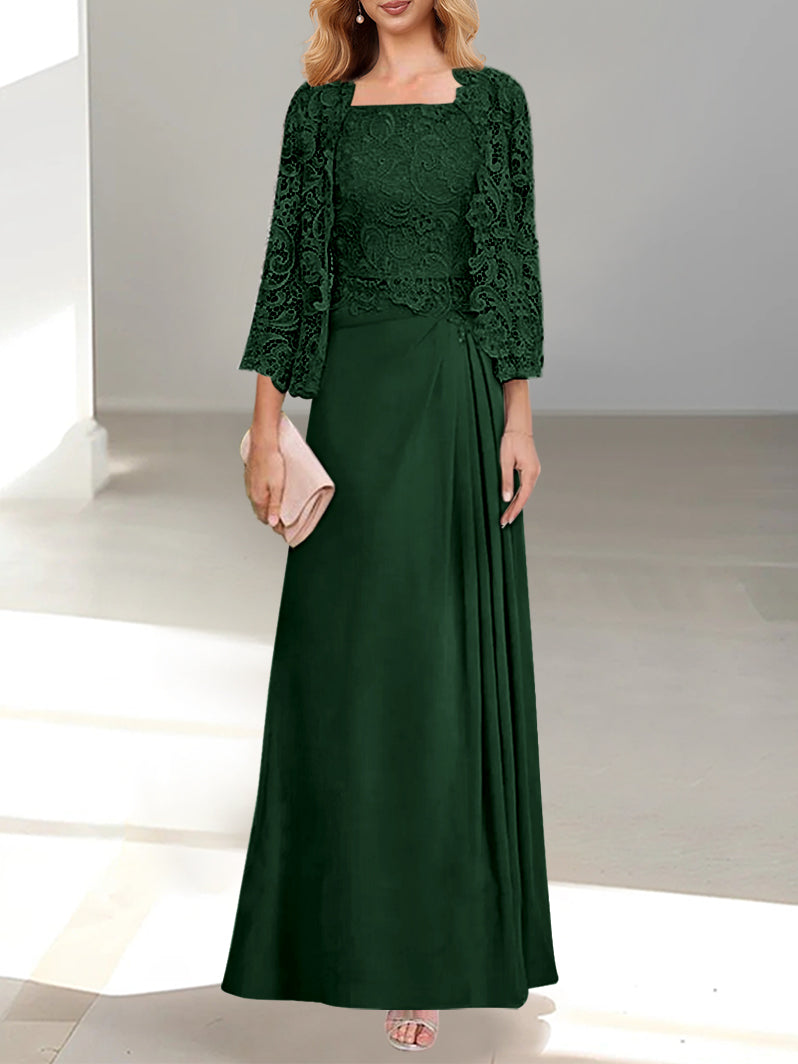 2 A Line Scoop Mother of the Bride Dress with Pleated & Lace Appliques Long