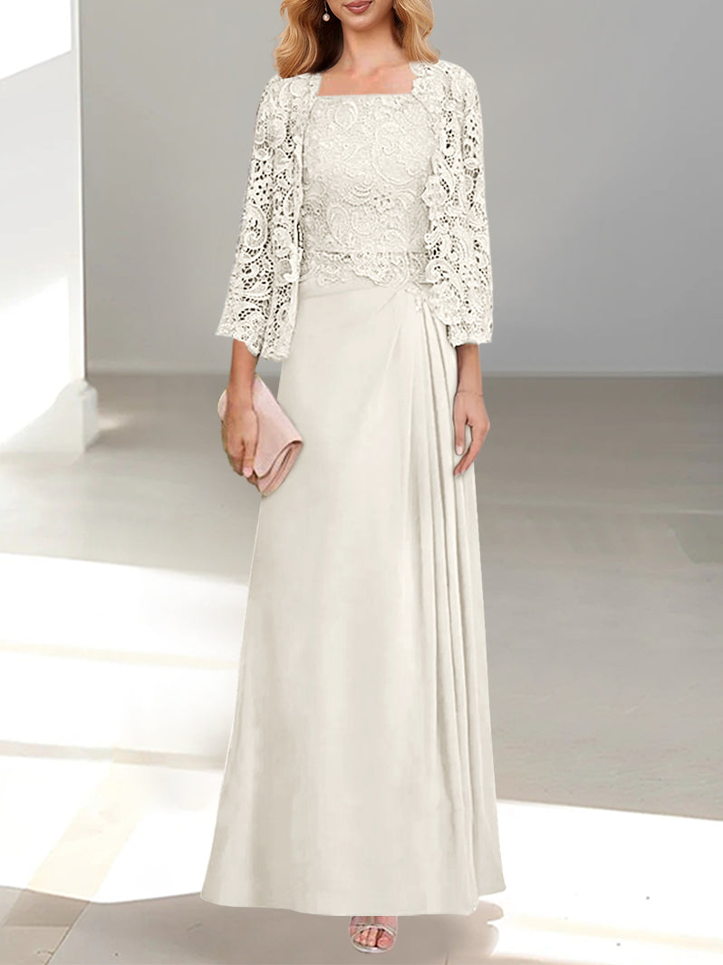 2 A Line Scoop Mother of the Bride Dress with Pleated & Lace Appliques Long