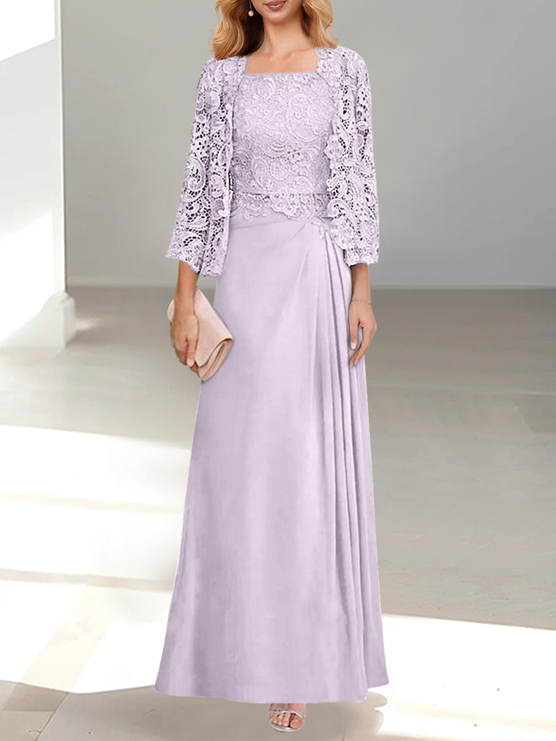 2 A Line Scoop Mother of the Bride Dress with Pleated & Lace Appliques Long