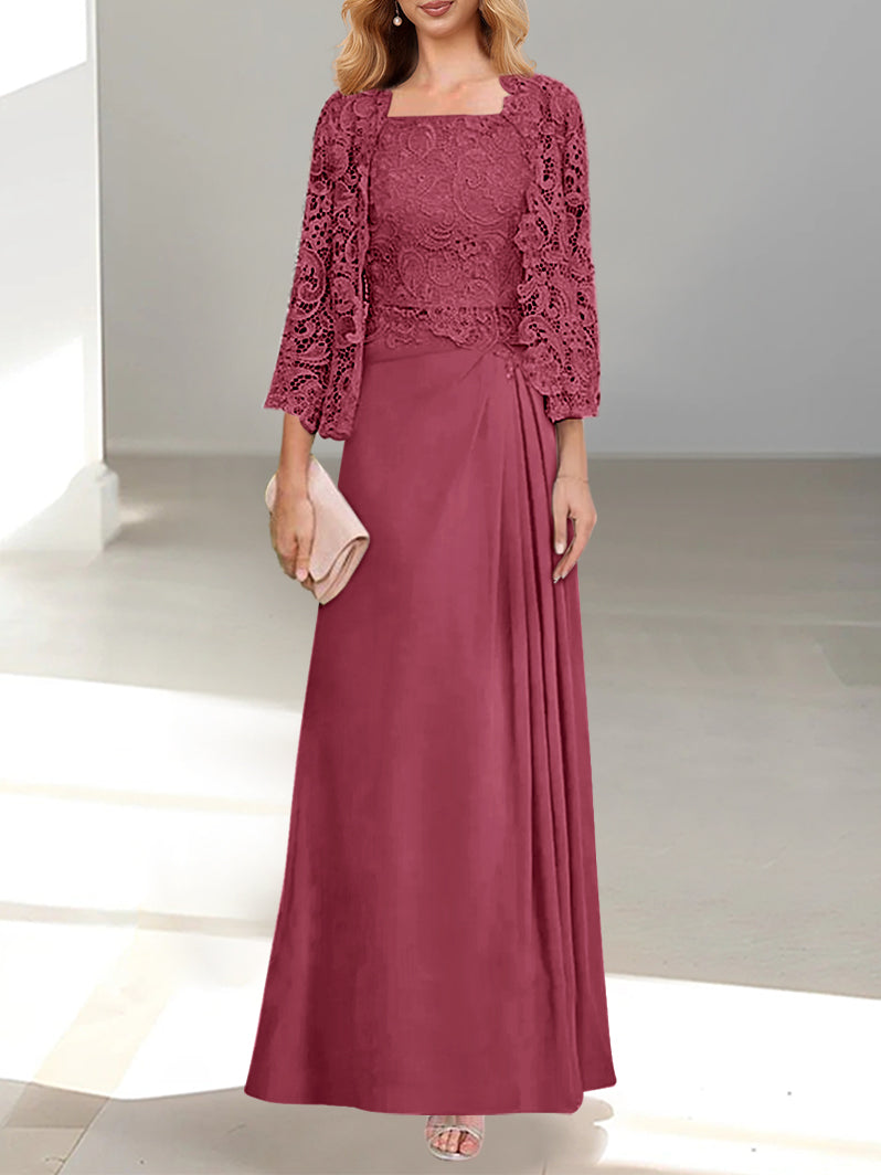 2 A Line Scoop Mother of the Bride Dress with Pleated & Lace Appliques Long