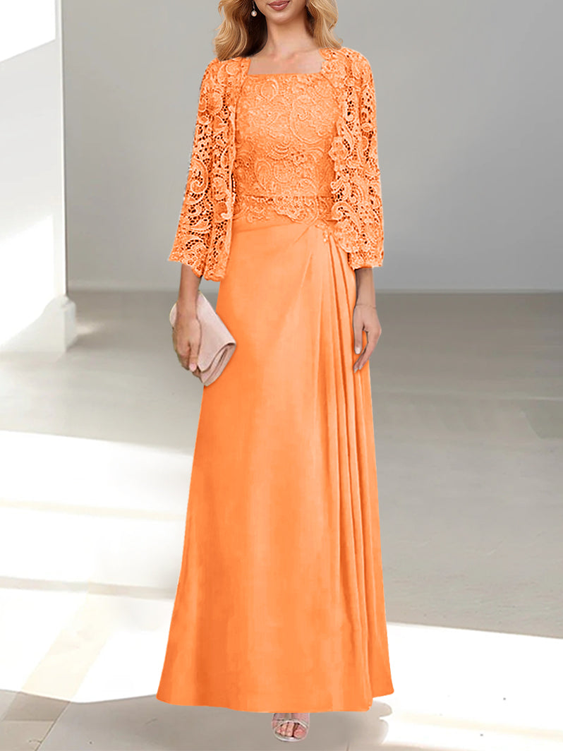 2 A Line Scoop Mother of the Bride Dress with Pleated & Lace Appliques Long