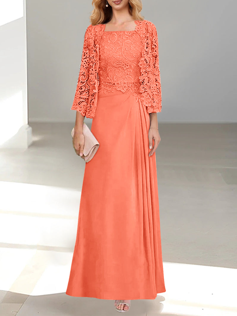 2 A Line Scoop Mother of the Bride Dress with Pleated & Lace Appliques Long