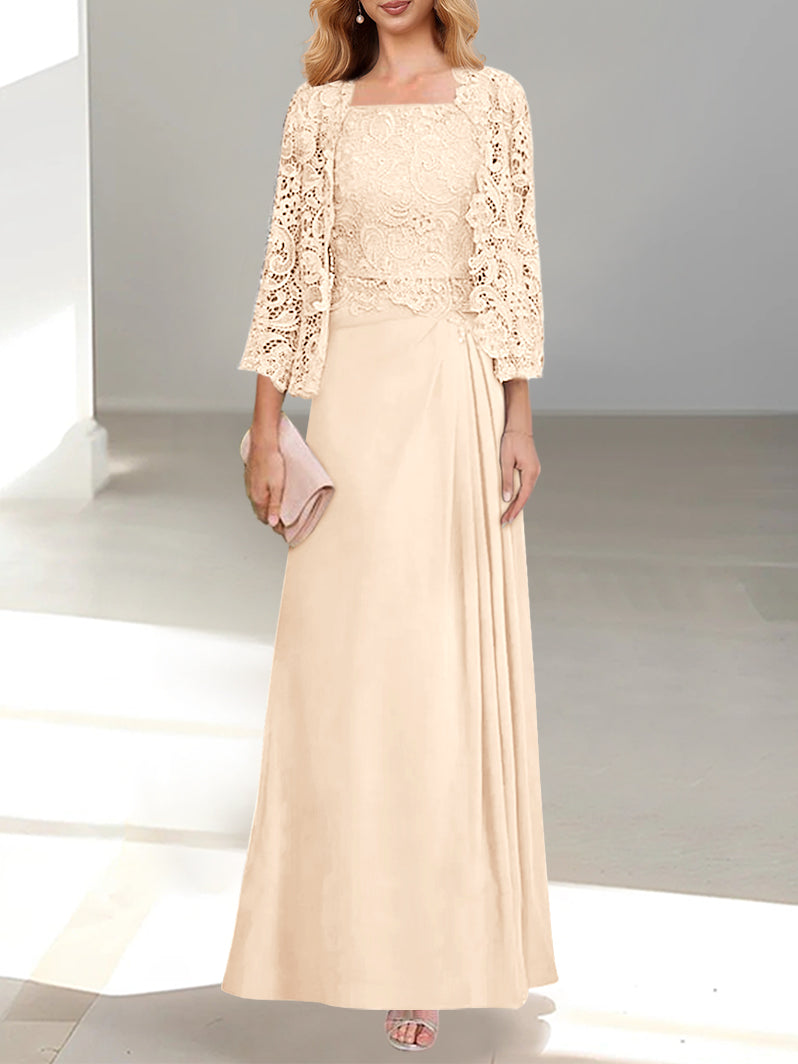 2 A Line Scoop Mother of the Bride Dress with Pleated & Lace Appliques Long