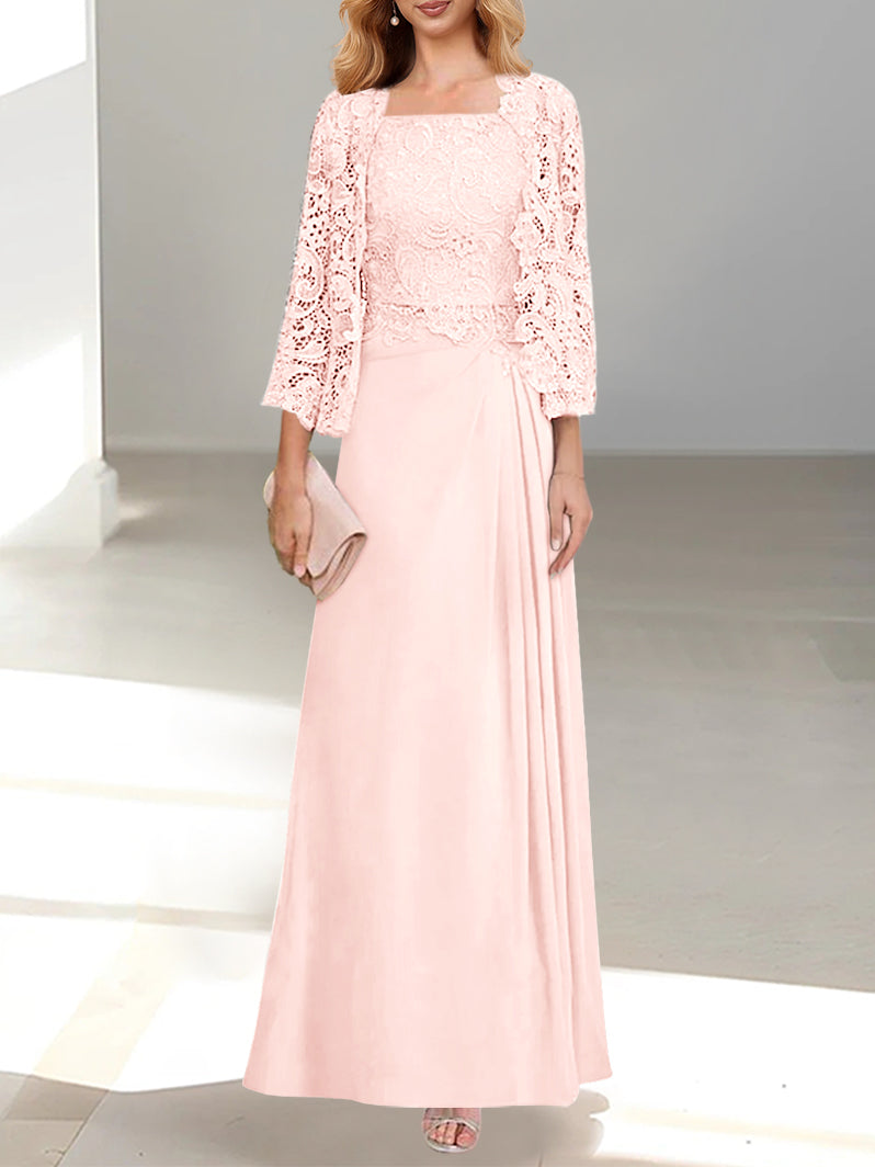 2 A Line Scoop Mother of the Bride Dress with Pleated & Lace Appliques Long