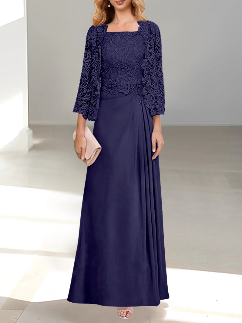 2 A Line Scoop Mother of the Bride Dress with Pleated & Lace Appliques Long