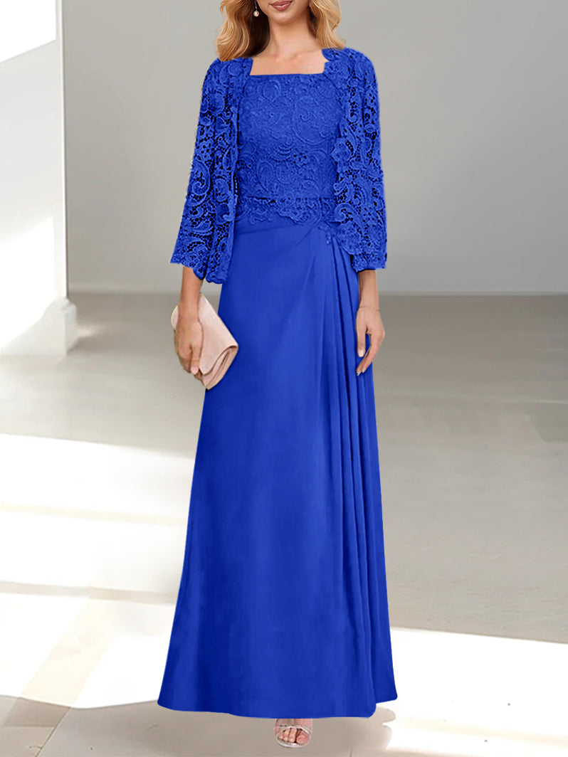 2 A Line Scoop Mother of the Bride Dress with Pleated & Lace Appliques Long
