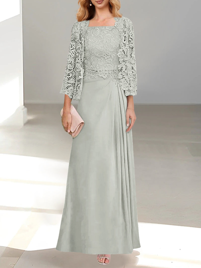 2 A Line Scoop Mother of the Bride Dress with Pleated & Lace Appliques Long